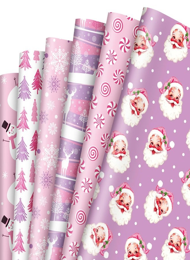 Whaline 12 Sheets Christmas Wrapping Paper - Not Roll - Pink Purple Santa Reindeer Tree Snowman Gift Wrap Paper Folded Flat for DIY Crafts Xmas Winter Holiday Party, 19.7 x 27.6 Inch - Image 1